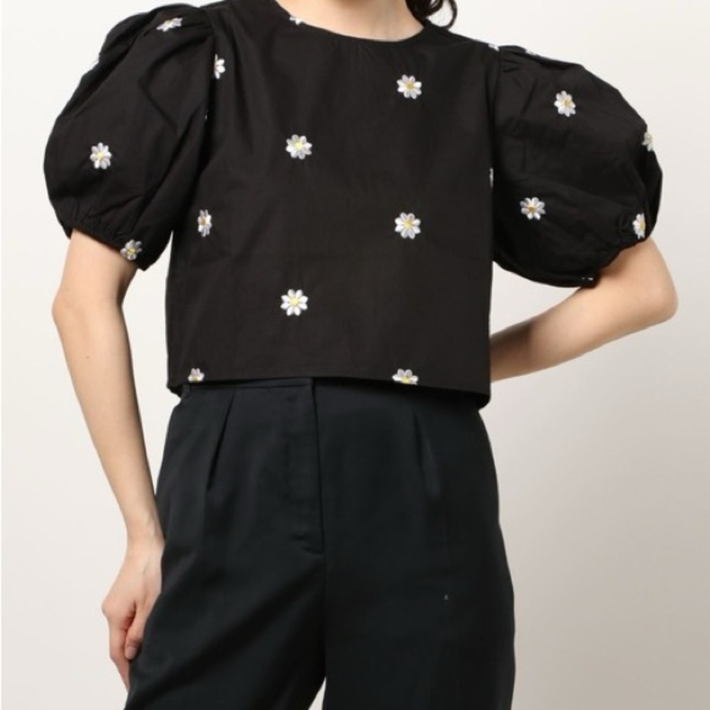 Sister Jane Black Puff Sleeve Daisy Embroidered Crop Top